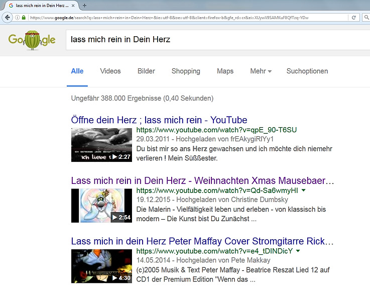 Peter Maffay Lied und Mauseb&auml;ren Lass mich rein in Dein Herz auf gleicher H&ouml;he in den Google-suchergebnissen